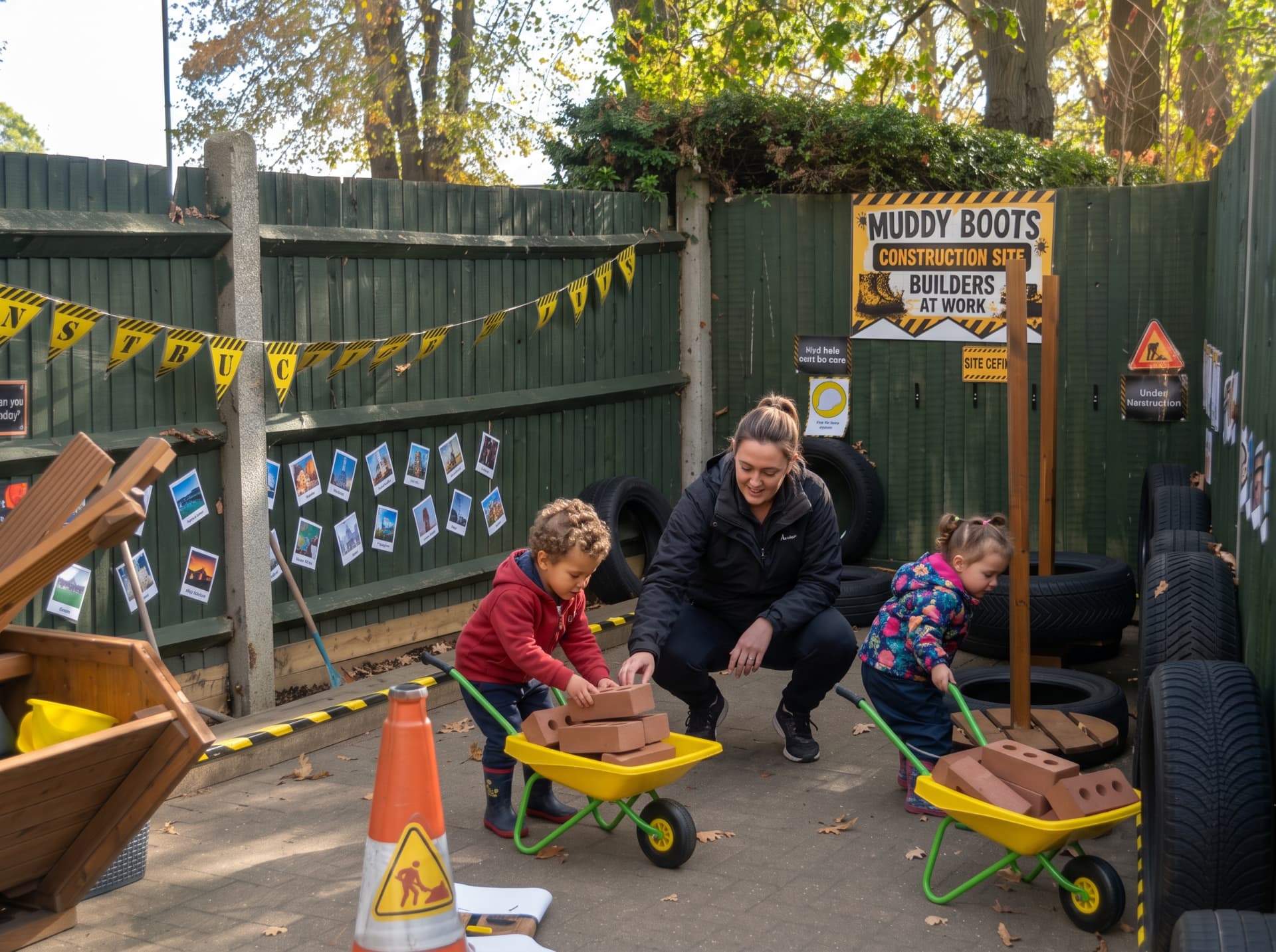 Practitioner helping two children load bricks into wheelbarrows in the outdoor construction area