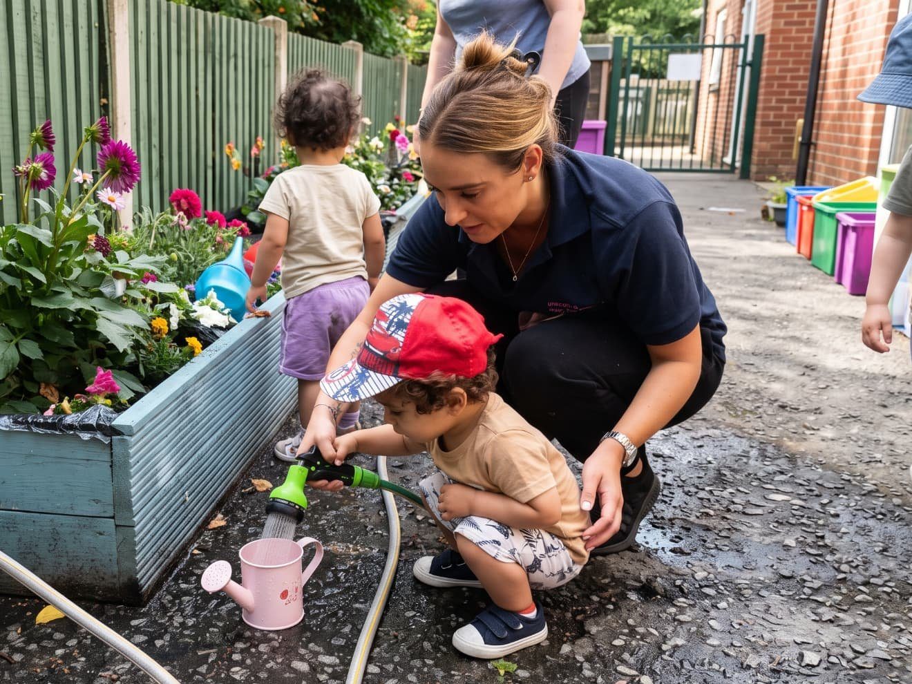 Child in a red cap watering plants with a practitioner in the nursery garden